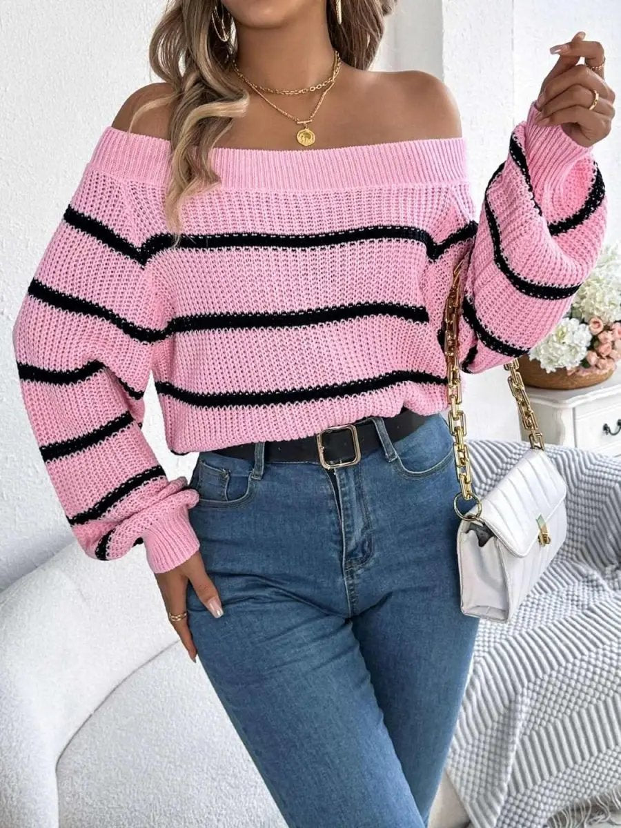 Striped Off-Shoulder Long Sleeve Sweater - Love Salve